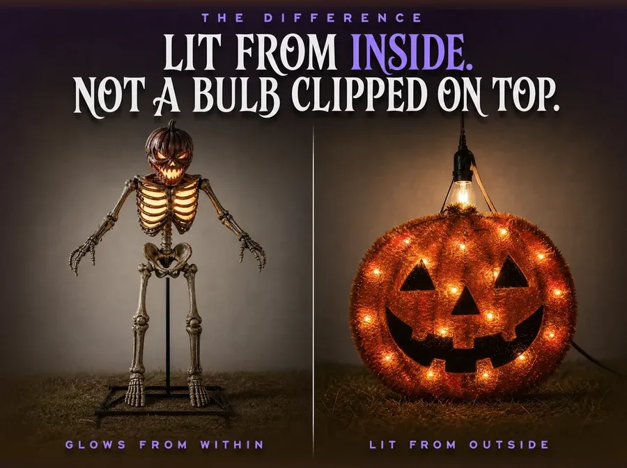 Split comparison of the internally lit ribcage against an externally lit generic pumpkin light.