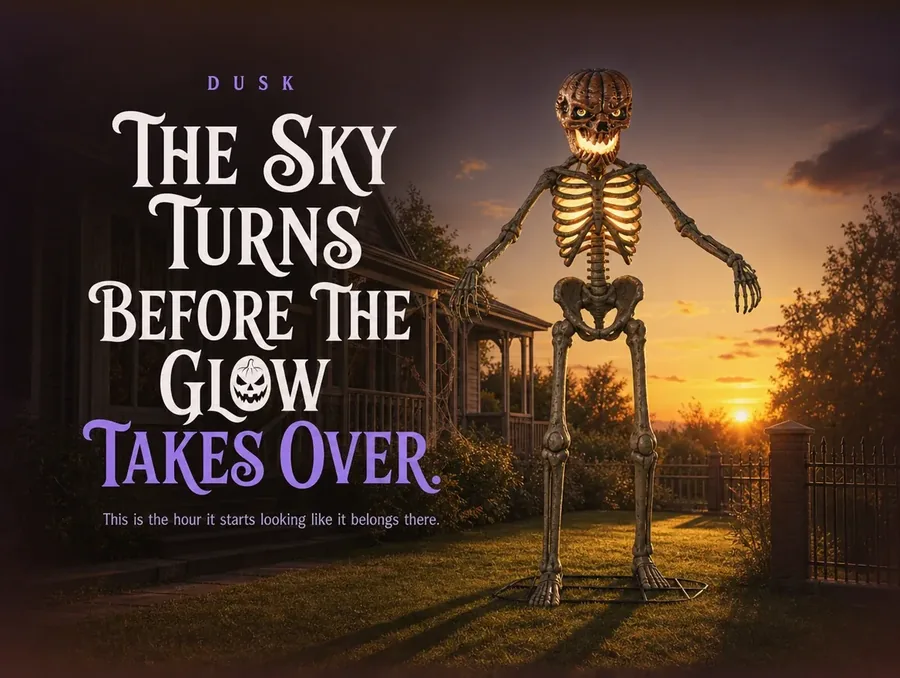The standing skeleton in the yard as the sky turns amber at golden hour.