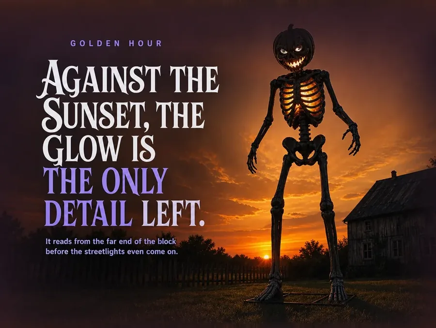 The standing skeleton in silhouette against a deep orange sunset sky.