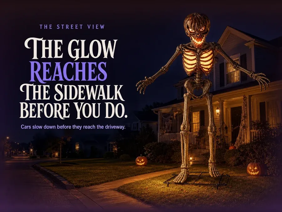 Seen from the sidewalk at night, warm amber glow from the skeleton washing over the front lawn.