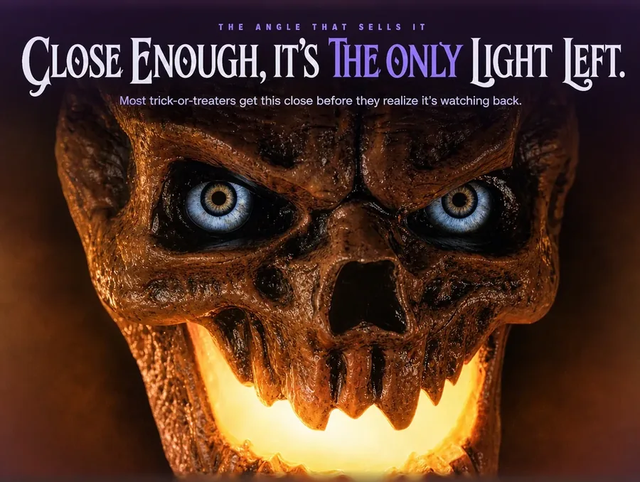 Tight macro of the glowing eyes and mouth, the warm amber light filling the frame.