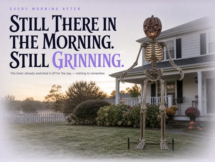 The standing skeleton still in place in the front yard on a dewy morning, lights off.