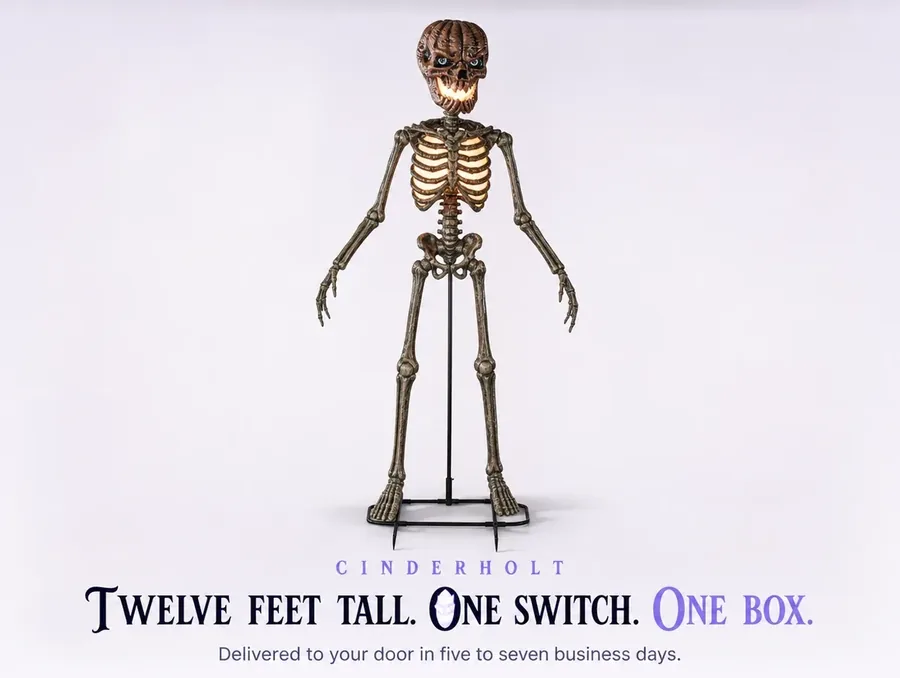 Final clean studio beauty shot of the full standing skeleton prop on a pale background.