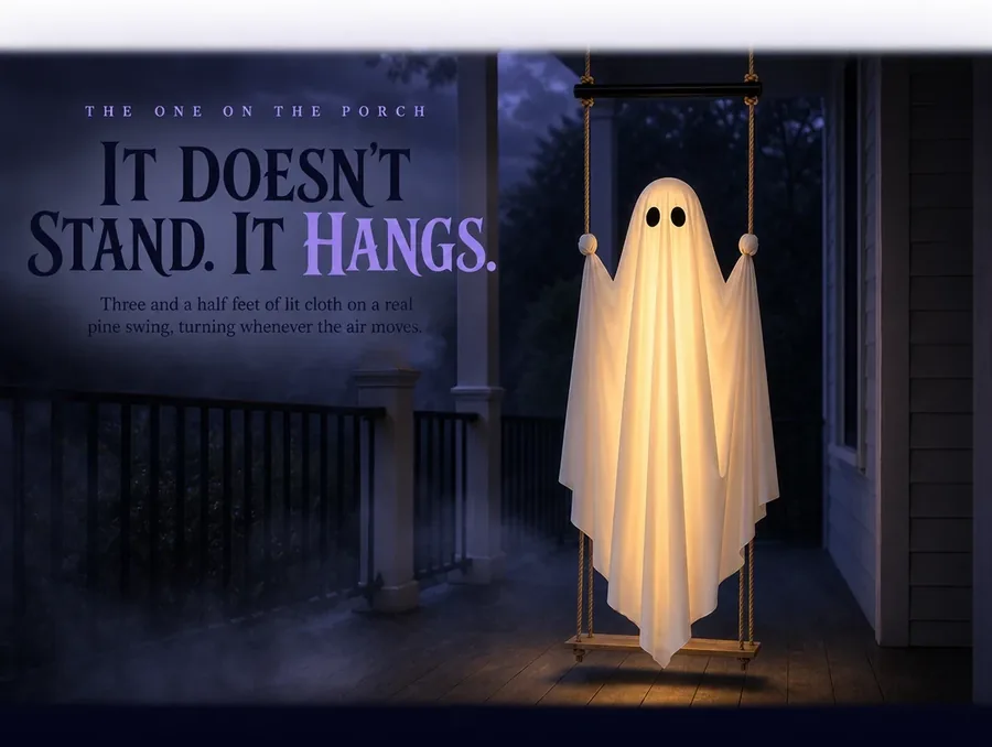 The lit ghost on its swing on a night porch, seen straight on, under the opening line of the strip