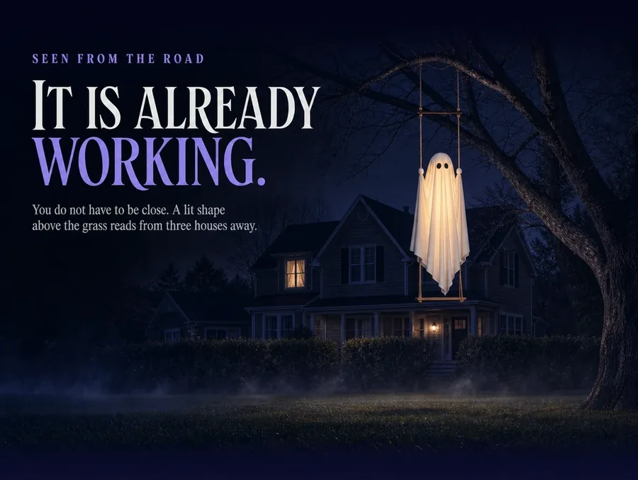 The lit ghost seen small from the sidewalk, hanging from a bare maple with the dark house behind