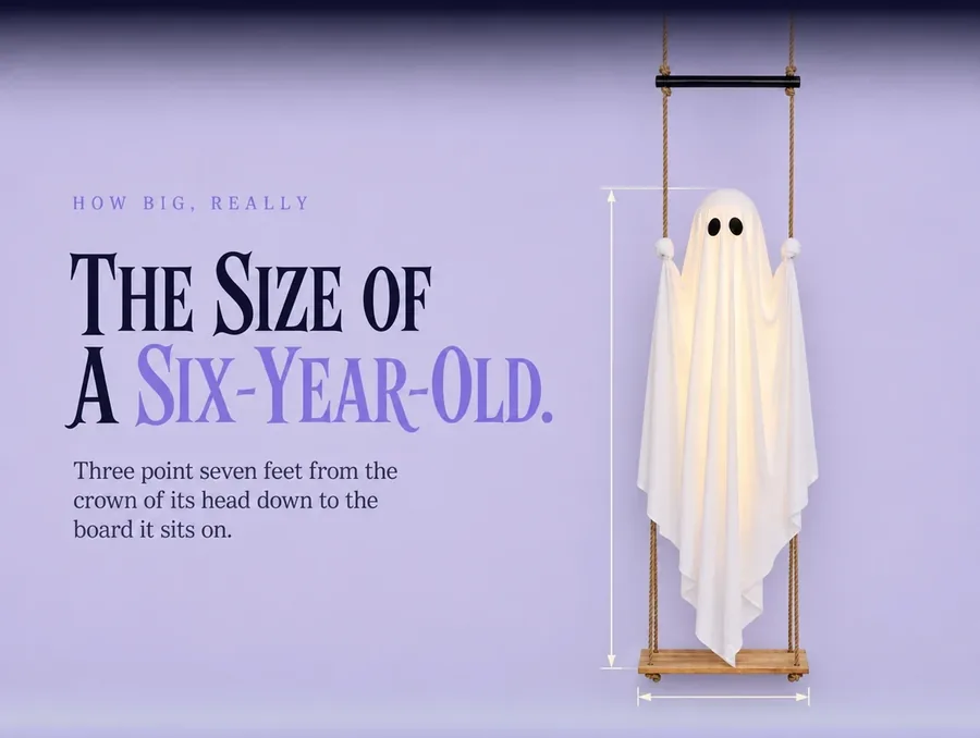 Measured elevation on pale lilac: the ghost with fine dimension lines beside it and under the board
