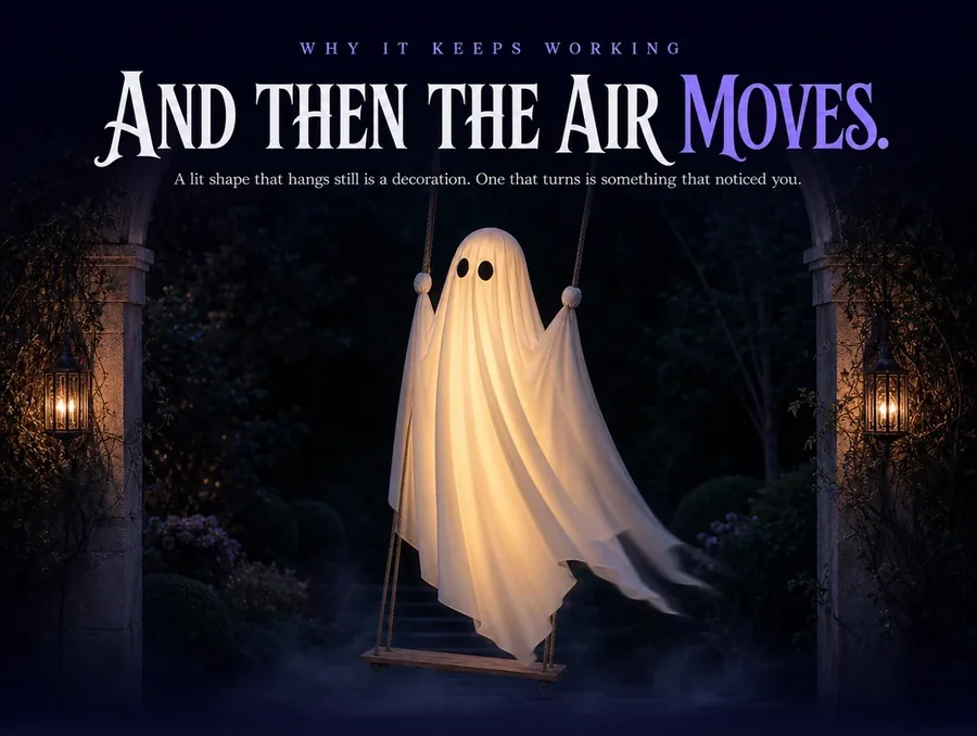 The lit ghost caught mid-turn at night, its cloth off vertical and its hem trailing