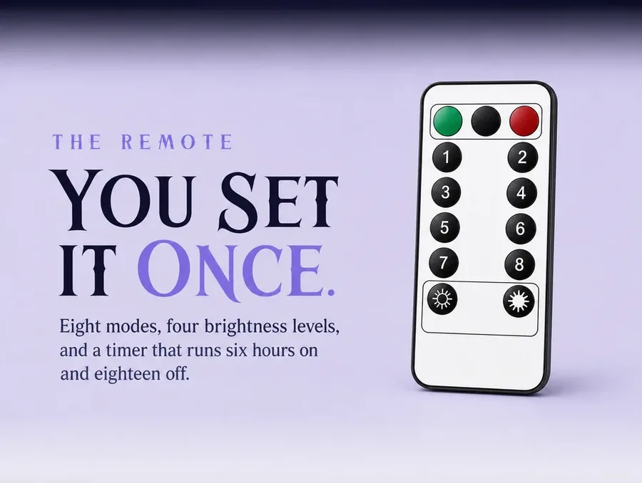 The white remote on a pale lilac studio panel, its buttons legible, with nothing else in frame