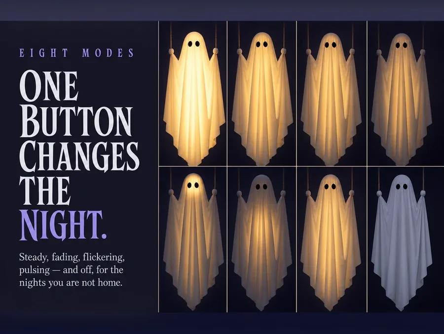 Eight small panels in a grid showing the same lit ghost at eight different brightnesses