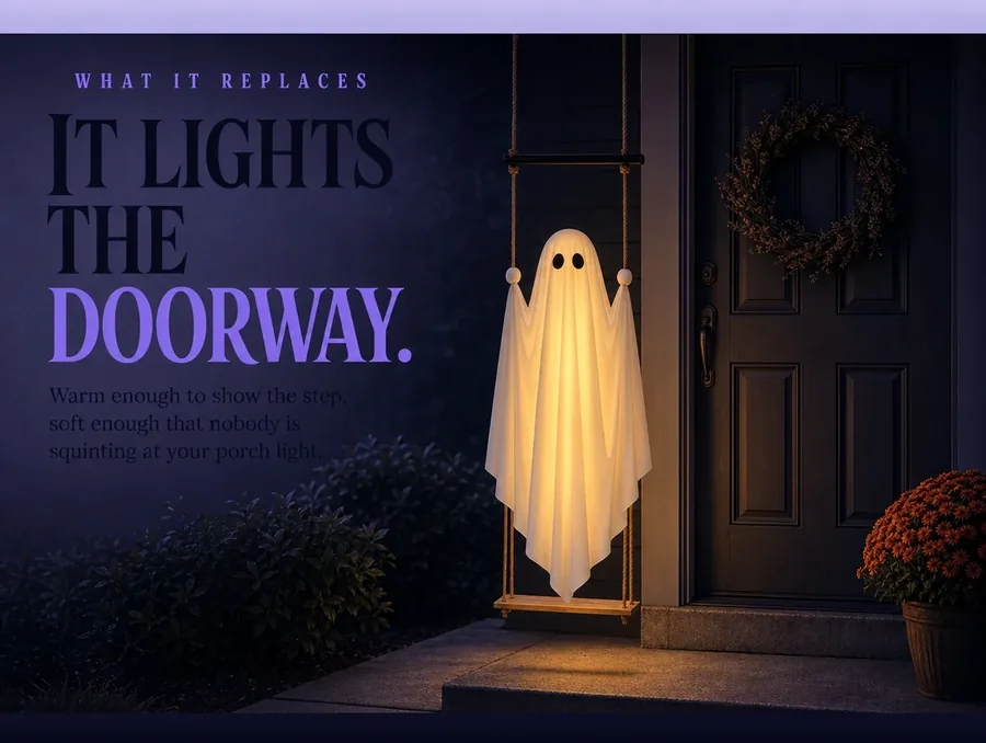 The lit ghost beside a dark panelled front door at night, its glow reaching the step below