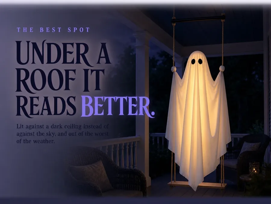 The lit ghost hanging under the beam of a deep covered porch, its glow bouncing off the boards
