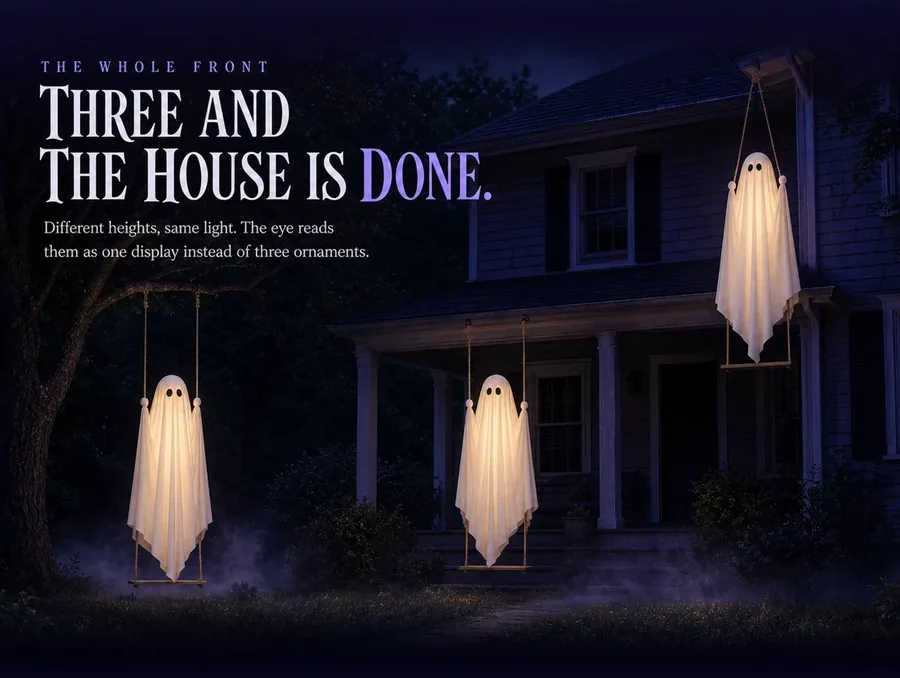 Three identical lit ghosts at different heights along the front of a house, seen from the lawn