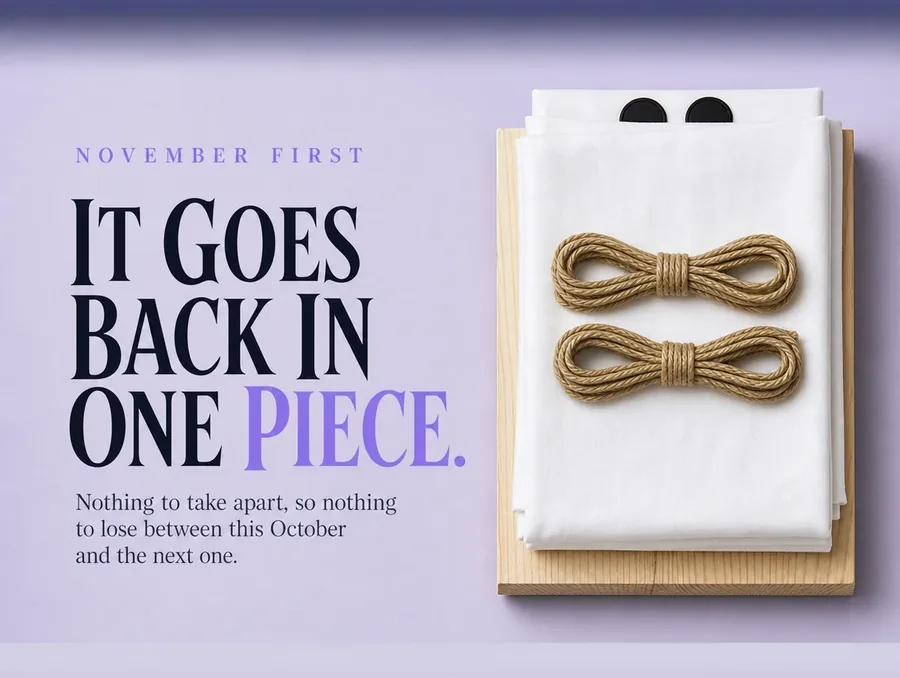 Overhead on pale lilac: the cloth folded over the pine board with the cords coiled on top