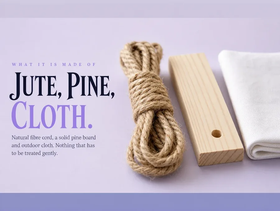 Daylight macro of the twisted hemp cord, the pine board grain and the white cloth weave together