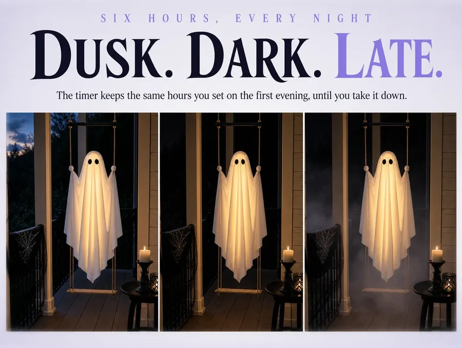 Three small night photographs in a row of the same lit ghost at dusk, at full dark and late at night