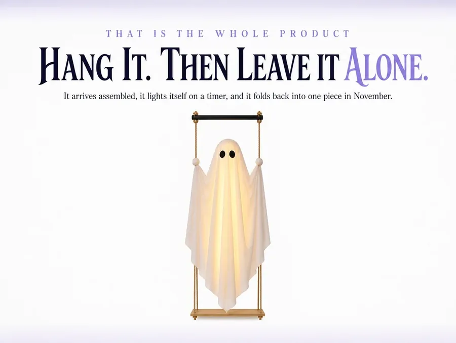 The lit ghost on its swing photographed small and centred on a bright, almost paper-white ground