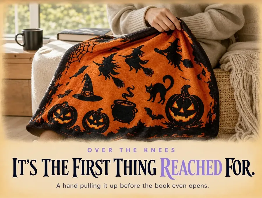 Close view of a hand pulling the witch-print throw over someone's knees in a reading nook.