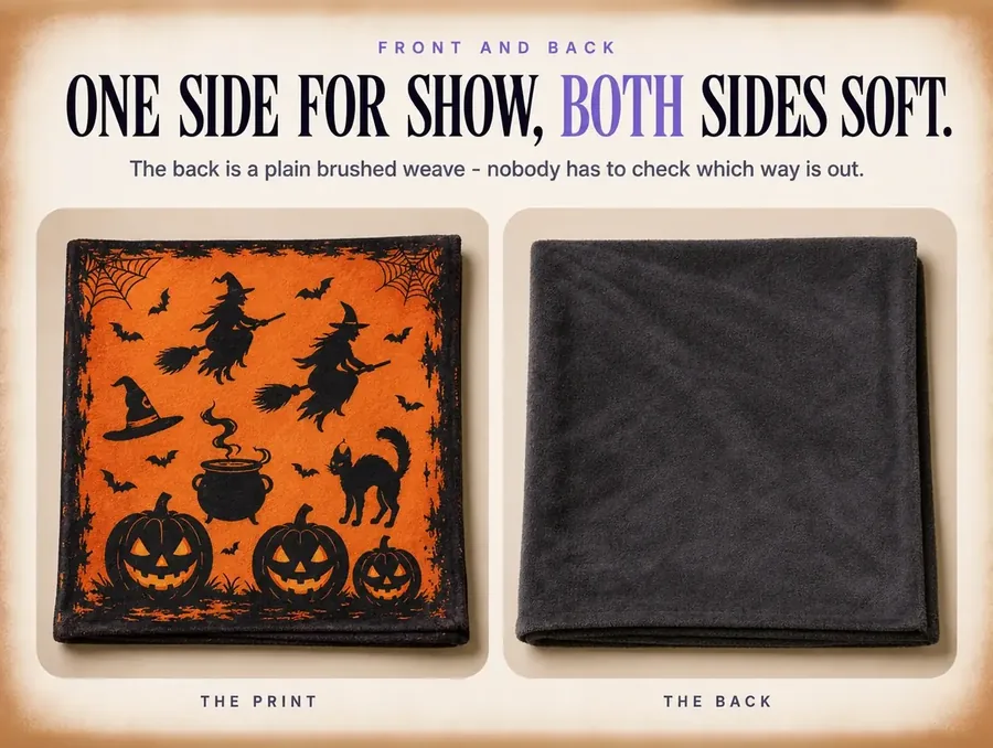 Side-by-side of the throw's printed front and its plain charcoal-grey brushed back.