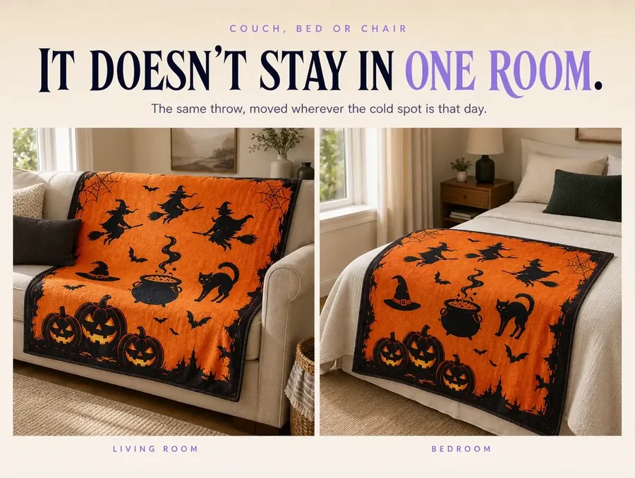 Two small room scenes side by side, the same witch-print throw on a couch in one and a bed in the other.