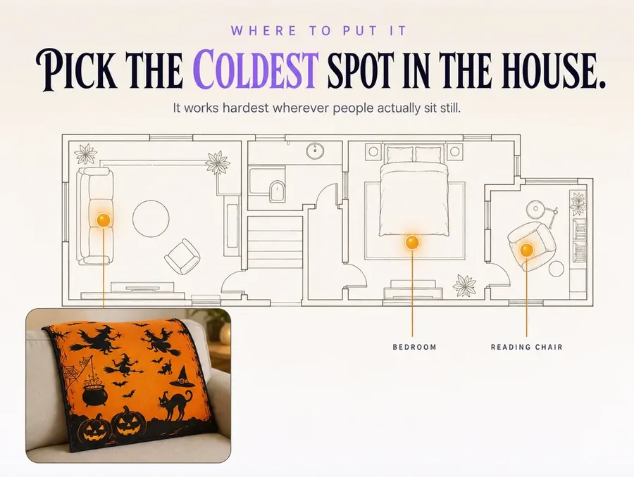 A simple floor-plan graphic marking candidate spots for the throw, with a small inset photo of the product.