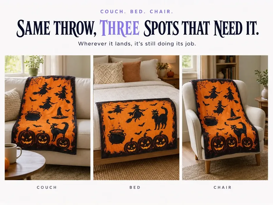 Three small photographs side by side: the throw on a couch corner, the foot of a bed, and an armchair back.