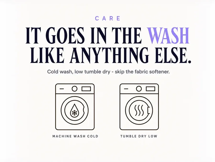 Flat line-art panel with a washing machine icon and a tumble dryer icon, labelled with the care instructions.