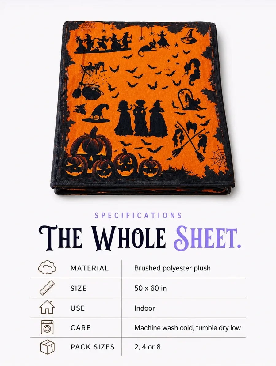 Spec sheet: the folded throw on the left, a five-row table on the right listing material, size, use, care and pack sizes.
