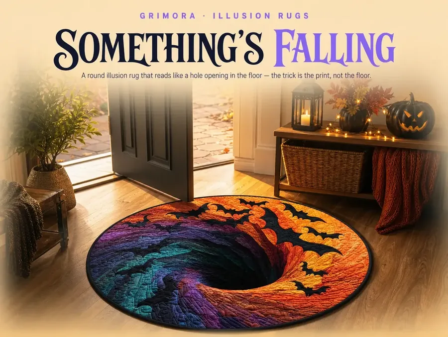 A round bat-spiral rug at a sunlit front doorway, its gold outer ring glowing in late-afternoon light.