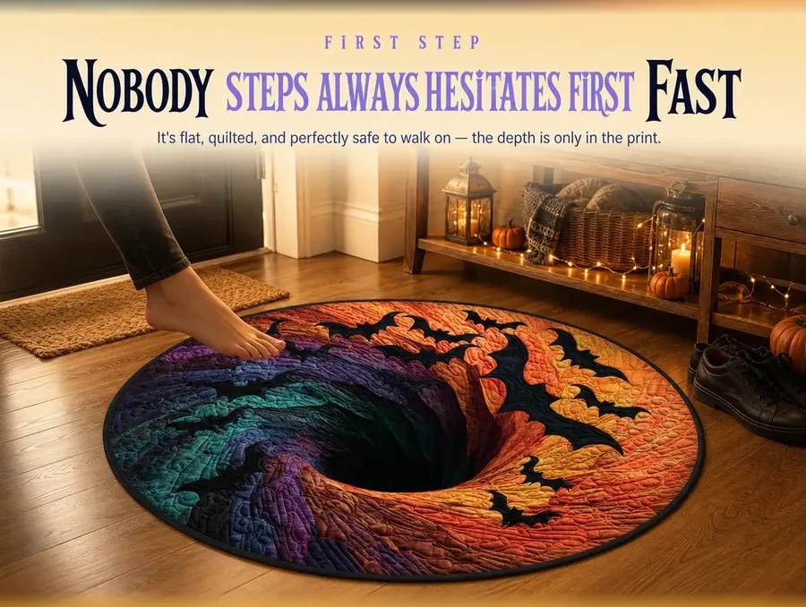 A bare foot hesitates mid-step over the dark center of a bat-spiral illusion rug at a front door.