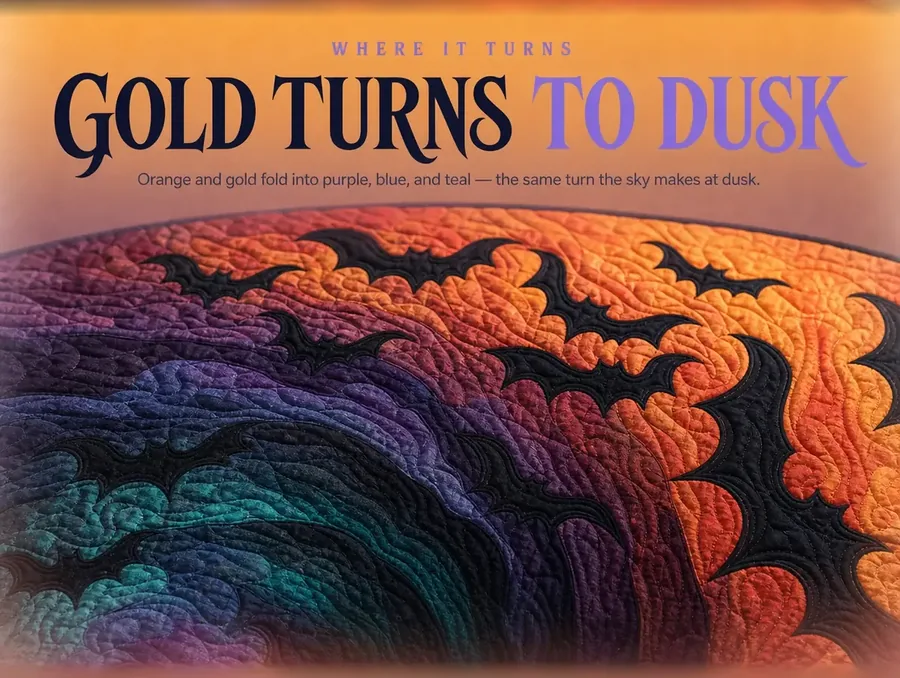 Macro of the rug's print where warm gold bats fade into cool purple, blue, and teal tones.