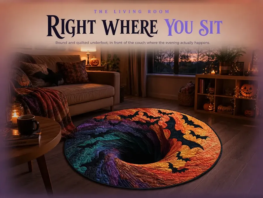 A bat-spiral illusion rug in front of a couch as a living room shifts from daylight into dusk.