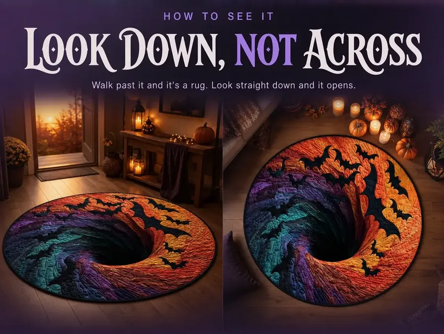 The same illusion rug shown from a low side angle and a near-overhead angle, where the depth appears.