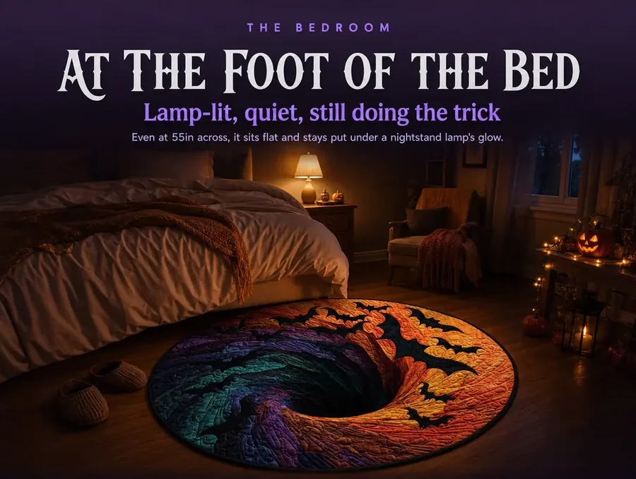 A bat-spiral illusion rug at the foot of a bed, lit warm by a single nightstand lamp at night.