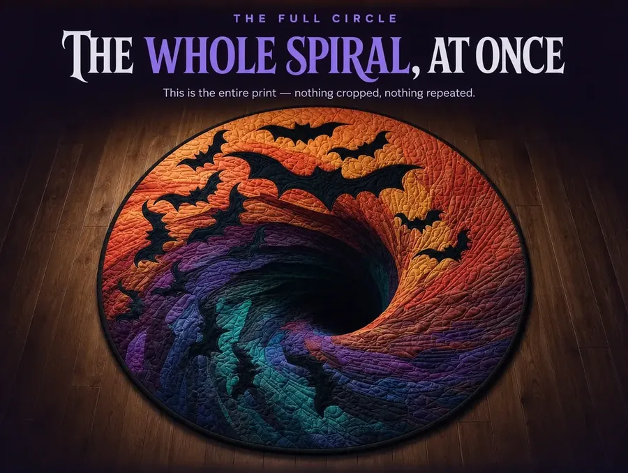 Full overhead view of the complete bat-spiral rug, from its gold rim to its dark center.
