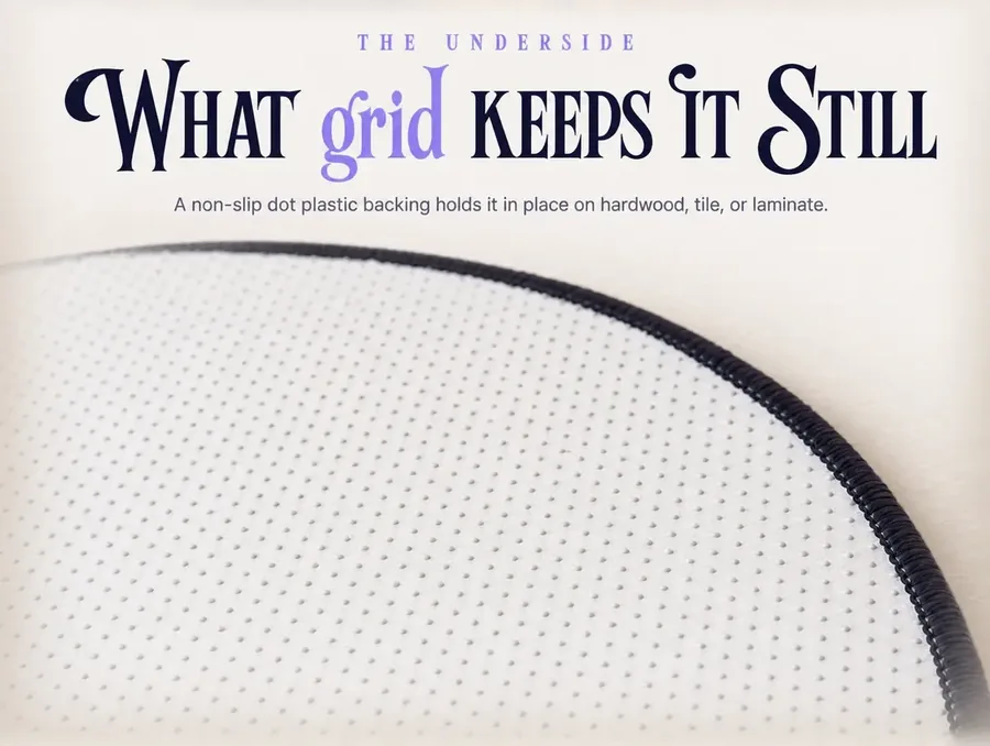 Close-up of the illusion rug's plastic backing, showing its grid of non-slip rubber dots.