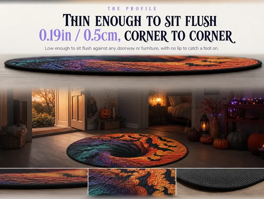 Side profile of the illusion rug's thin edge, resting flush and flat on a hard floor.
