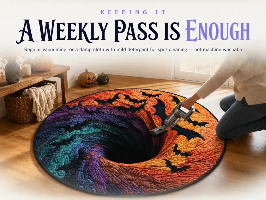 A hand vacuuming the surface of the bat-spiral illusion rug during routine cleaning.