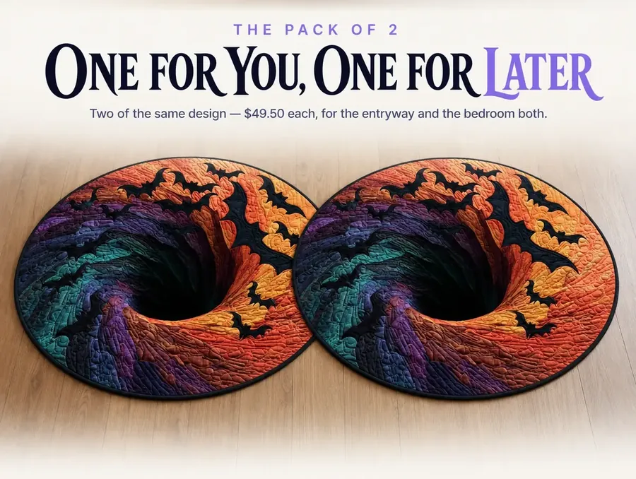 Two identical bat-spiral illusion rugs laid side by side as a pack of two.