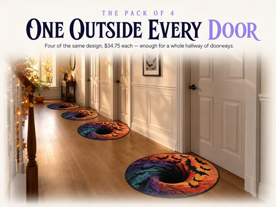 Four identical illusion rugs placed outside four doors down a bright hallway.