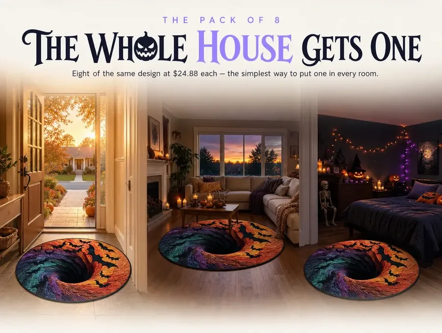 The same illusion rug placed across an entryway, living room, and hallway of one house.