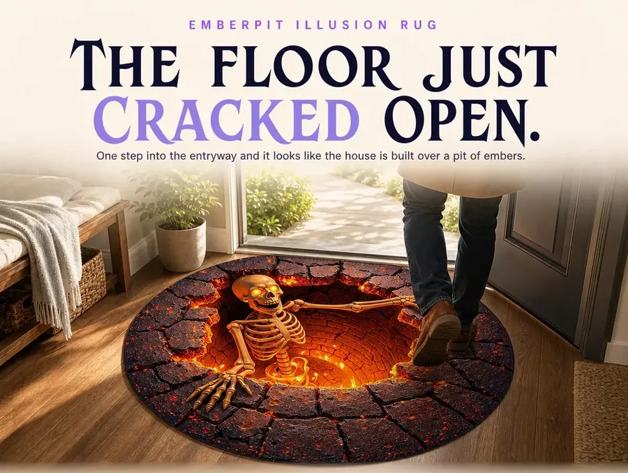 A person hesitating mid-step at a front door over a rug printed like a cracked, glowing lava pit
