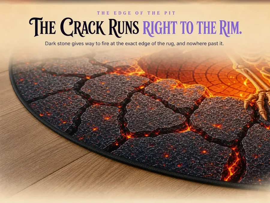 Close-up of a rug's edge where a printed cracked-stone pattern meets the real wood floor