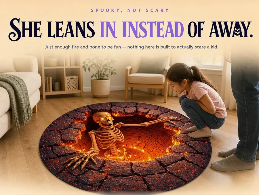 A child crouching to curiously look at a round rug printed with a fiery skeleton pit design