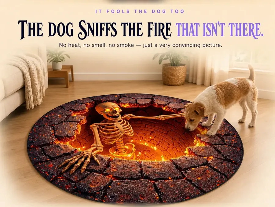 A cautious small dog sniffing at the edge of a rug printed like a glowing lava pit