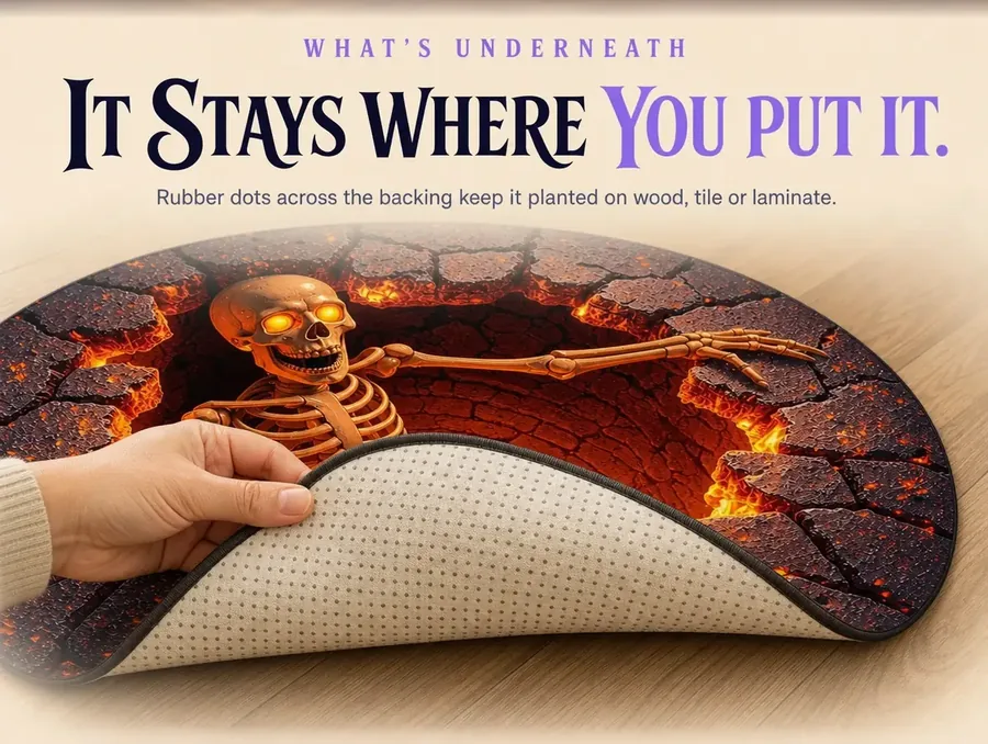 A hand lifting a rug's corner to show its non-slip rubber-dot plastic backing