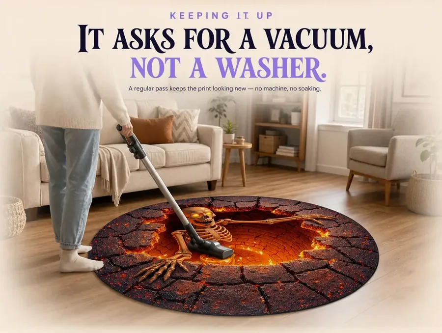 A person vacuuming the printed surface of a round fire-orange and dark stone rug
