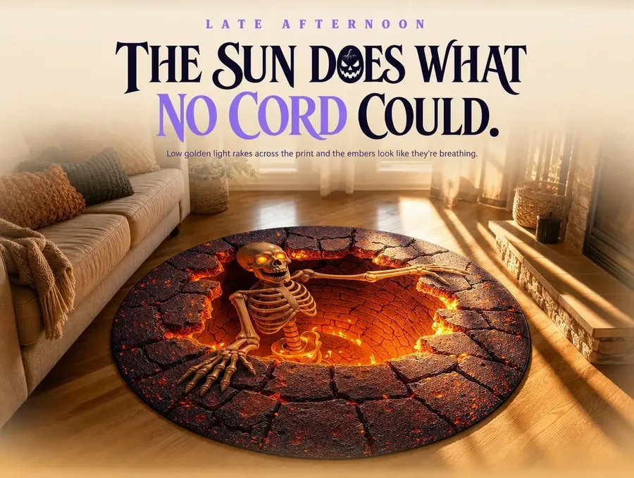 Golden-hour sunlight raking across a fiery skeleton-pit rug in a living room