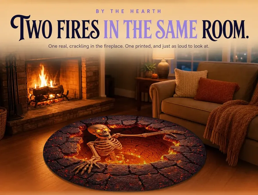 A printed fiery skeleton-pit rug laid in front of a real lit fireplace at dusk