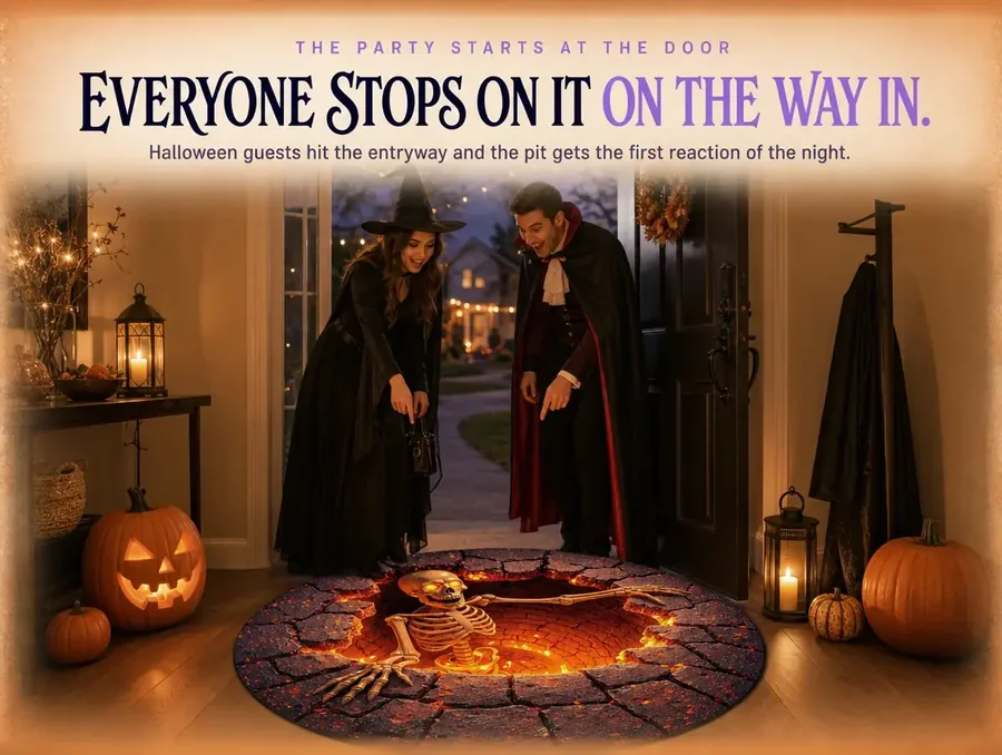 Costumed Halloween guests pointing down at a fiery skeleton-pit rug in an entryway