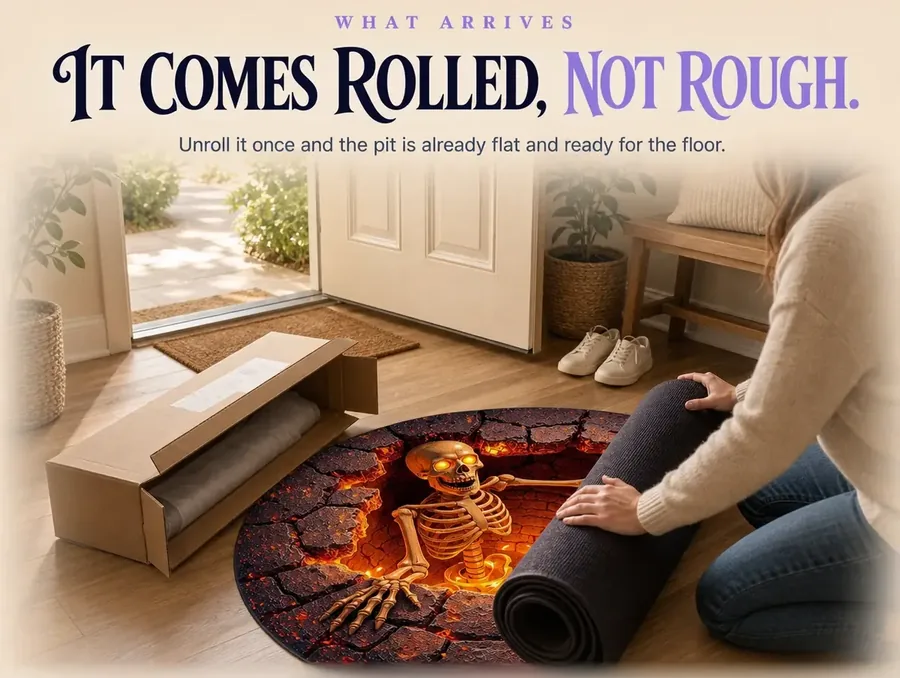 A rolled rug being unpacked from its box, the fiery skeleton-pit print starting to unroll